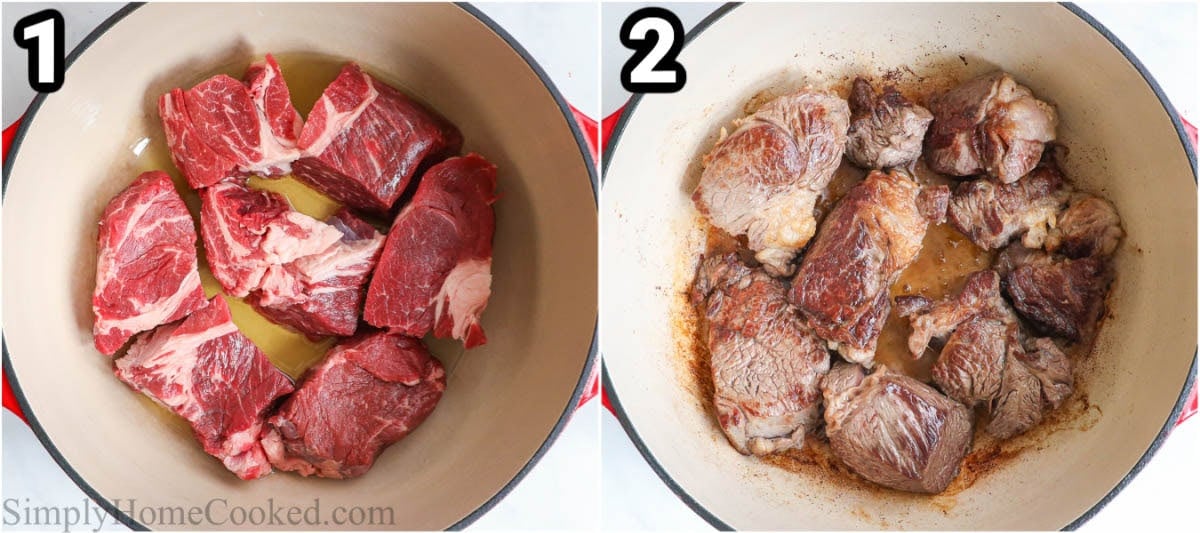 Steps to make Shredded Beef Tacos: sear the beef pieces in a dutch oven until browned.