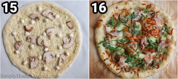 Steps to make Sourdough Pizza Dough: shape the dough into a pizza and add toppings before baking.