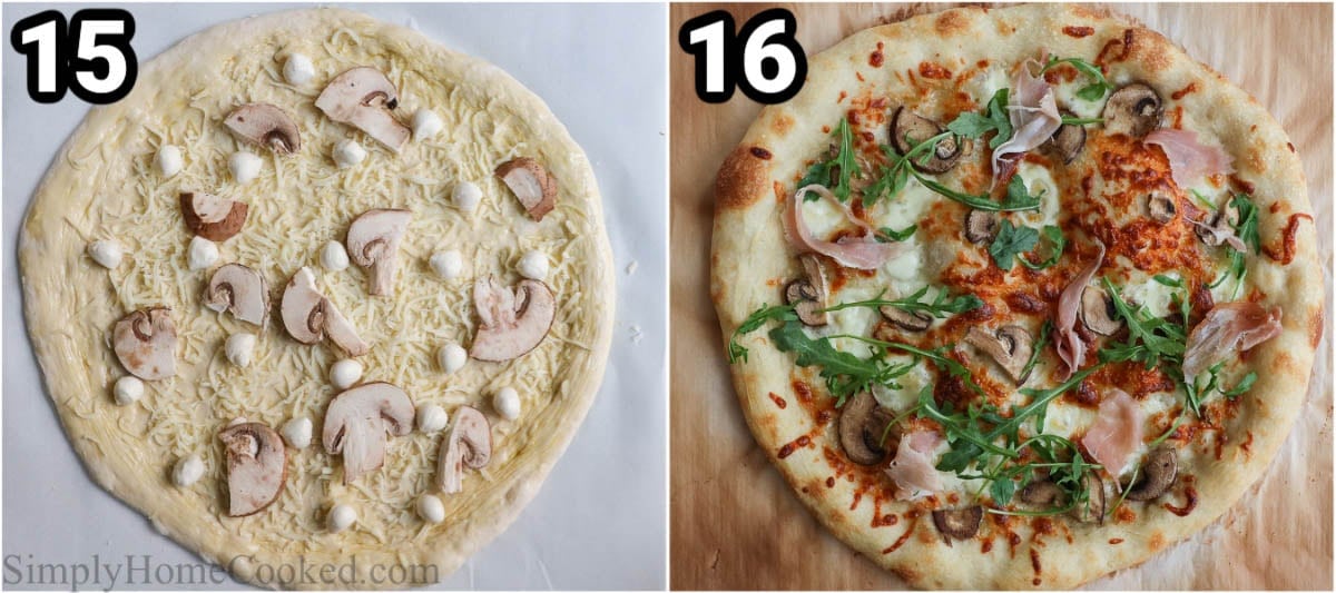 Steps to make Sourdough Pizza Dough: shape the dough into a pizza and add toppings before baking.