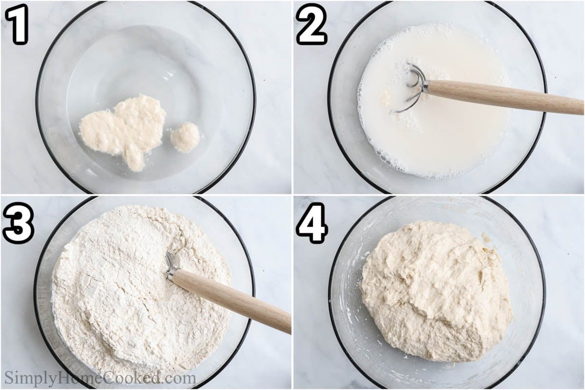 Steps to make Sourdough Pizza Dough: mix sourdough starter and water, then whisk, and add flour, mix, and let it rest.