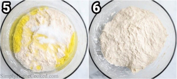 Steps to make Sourdough Pizza Dough: add salt, water, and oil, then fold the dough to combine.