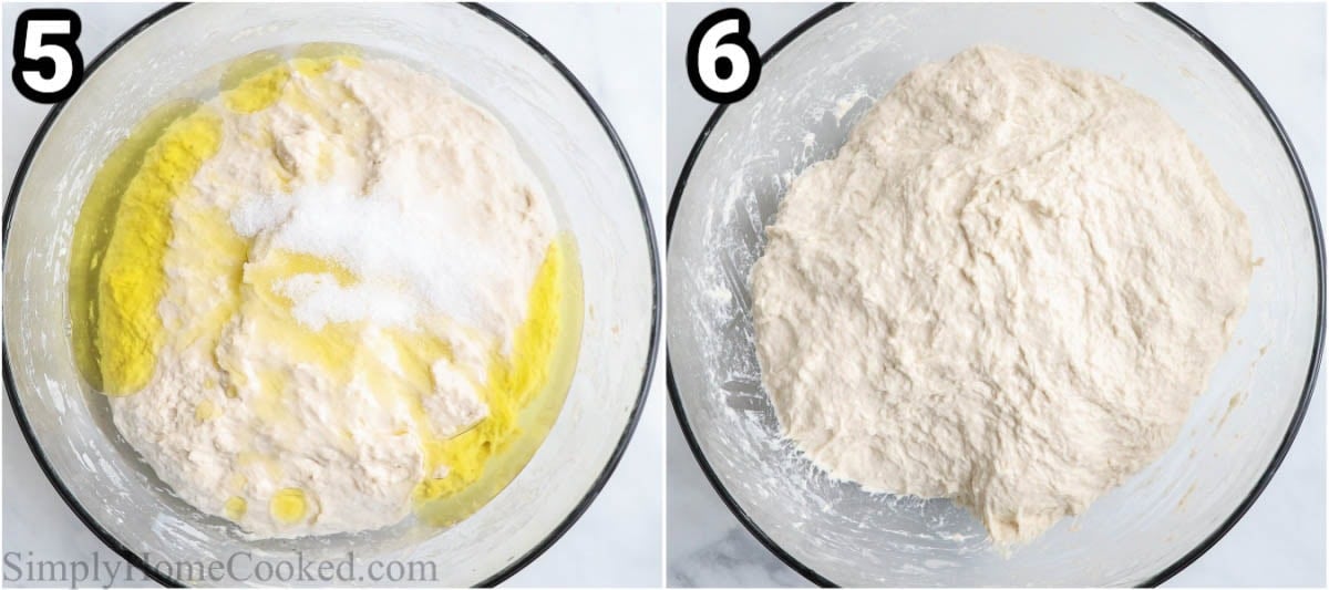 Steps to make Sourdough Pizza Dough: add salt, water, and oil, then fold the dough to combine.