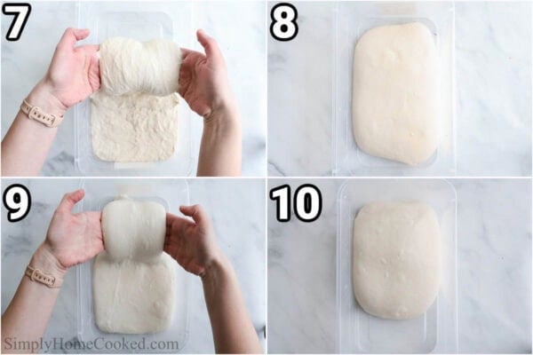 Steps to make Sourdough Pizza Dough: let the dough rest, then stretch and fold it.
