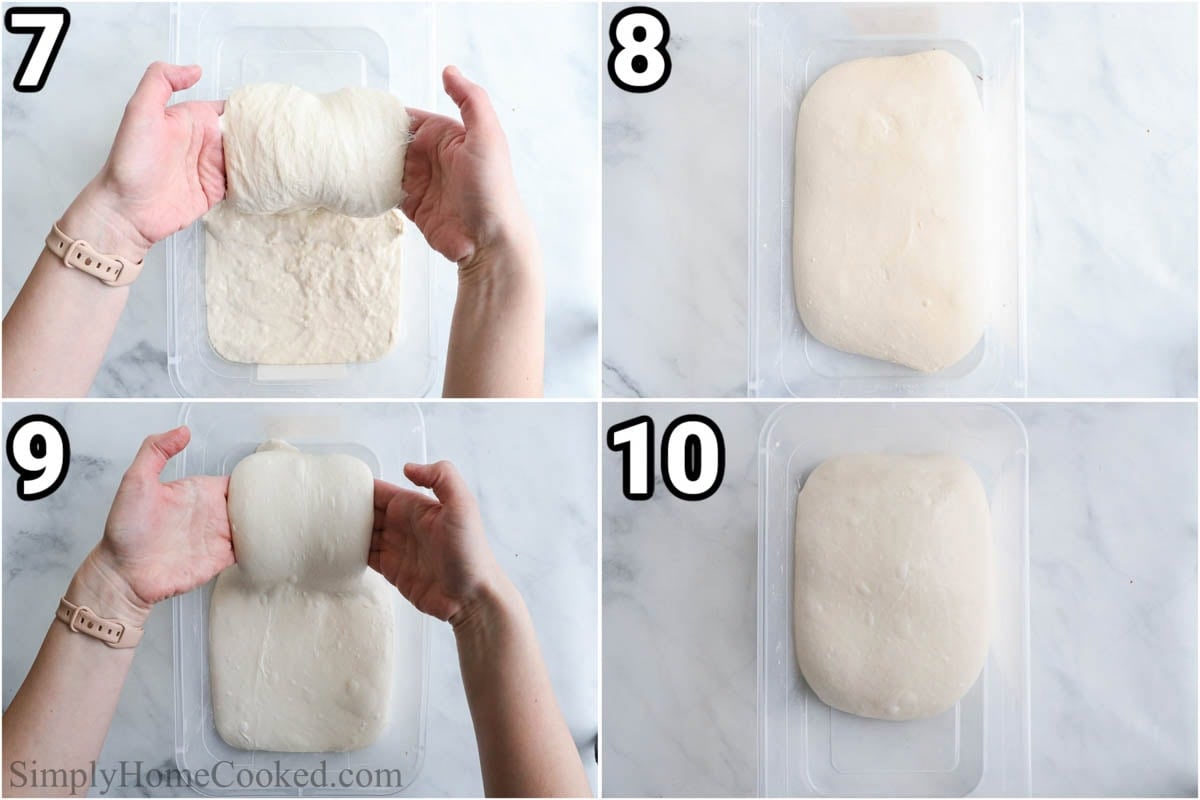Steps to make Sourdough Pizza Dough: let the dough rest, then stretch and fold it.