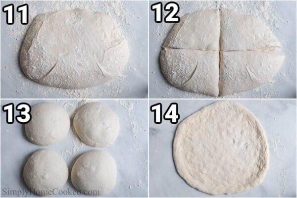 Steps to make Sourdough Pizza Dough: divide the dough and refrigerate it, allow it to ferment, and then bring it to room temperature.
