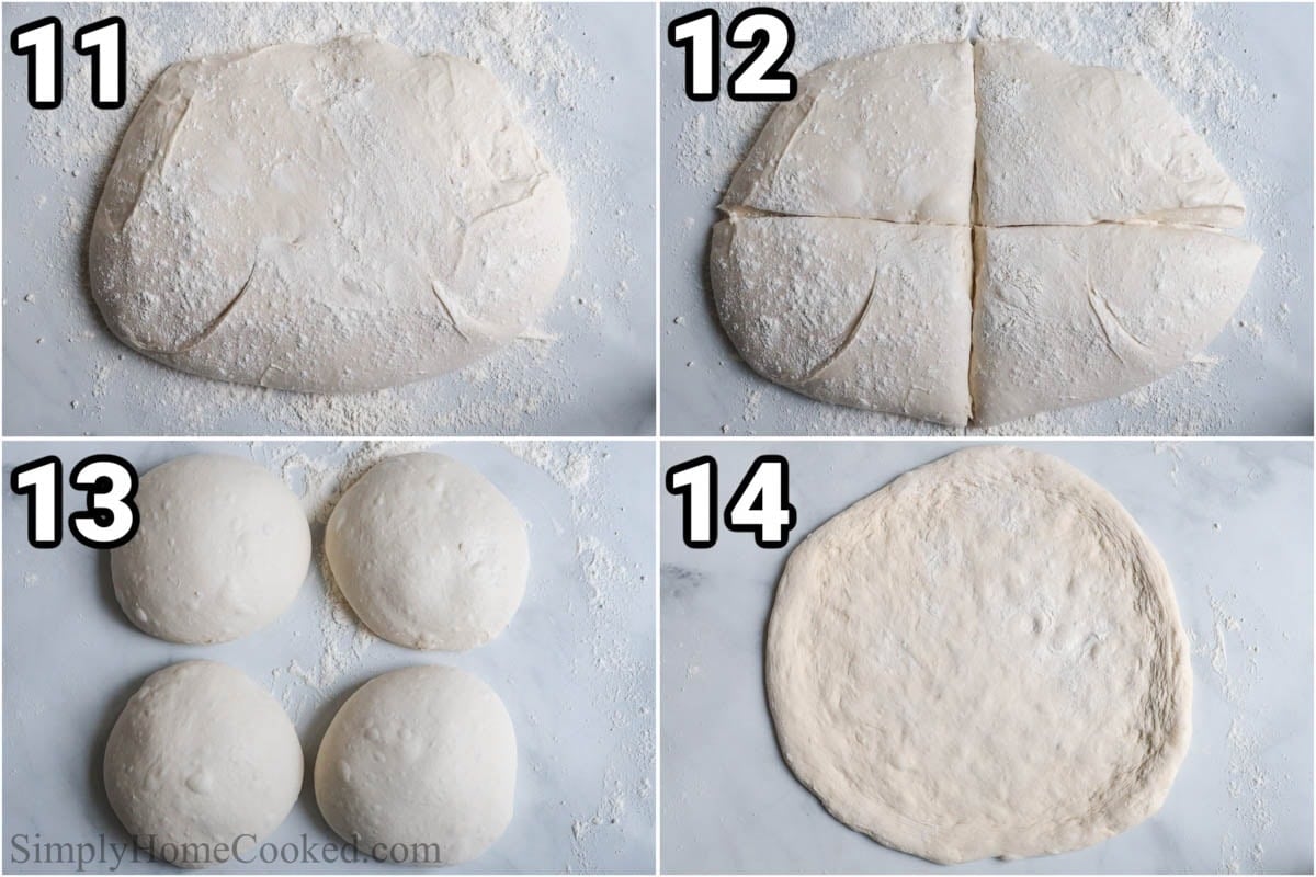 Steps to make Sourdough Pizza Dough: divide the dough and refrigerate it, allow it to ferment, and then bring it to room temperature.