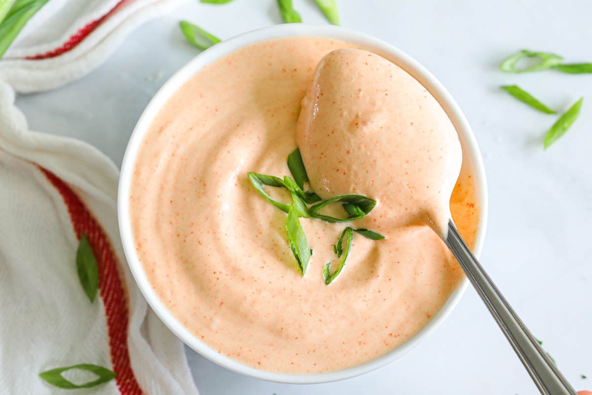 Yum Yum Sauce with a spoon in it.