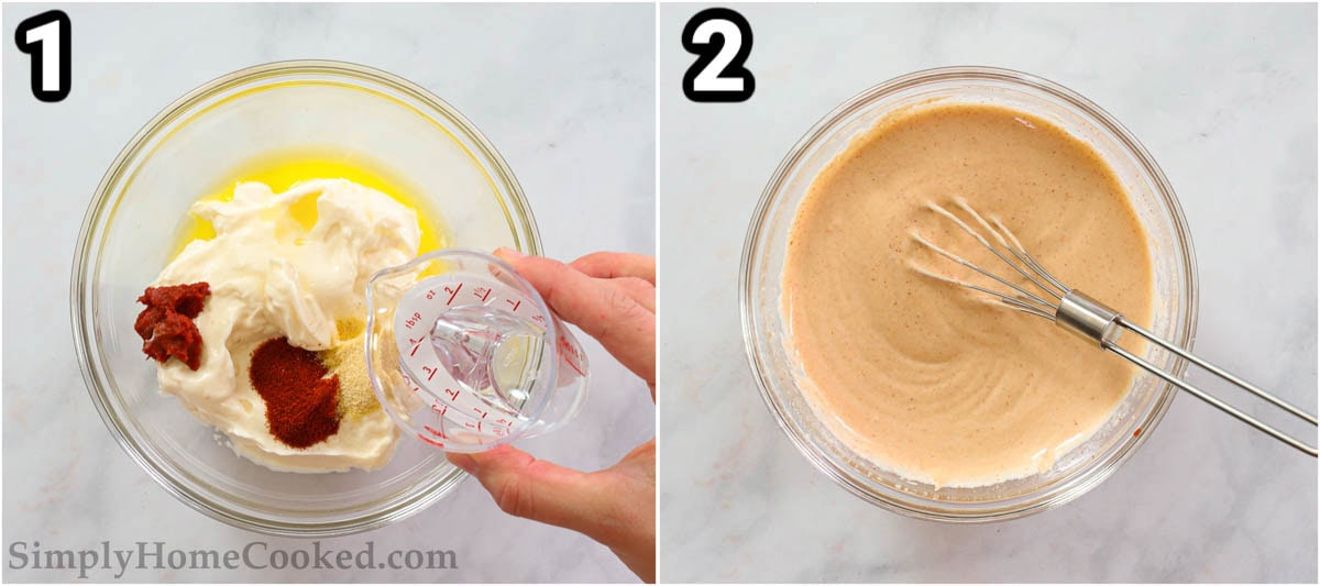 Steps to make Yum Yum Sauce: Whisk together mayo, butter, tomato paste, sugar, garlic powder, paprika, and water.