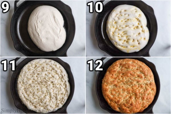 Steps to make Sourdough Focaccia: place the dough in the heated cast iron pan, then dimple it and add rosemary and salt with olive oil on top before baking to a golden brown.