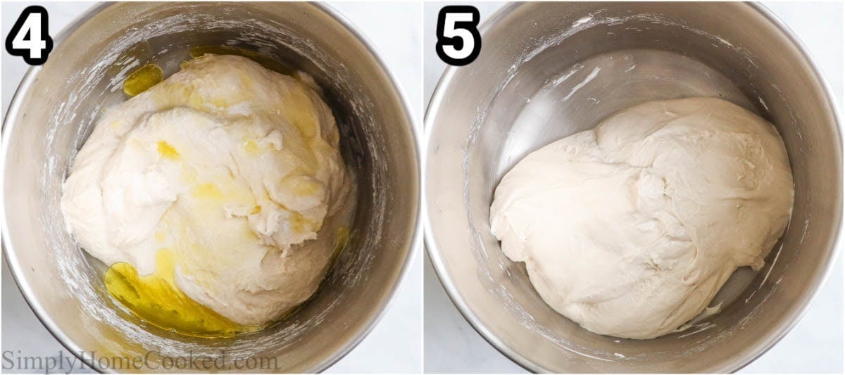 Steps to make Sourdough Focaccia: add water and olive oil, then knead the dough.