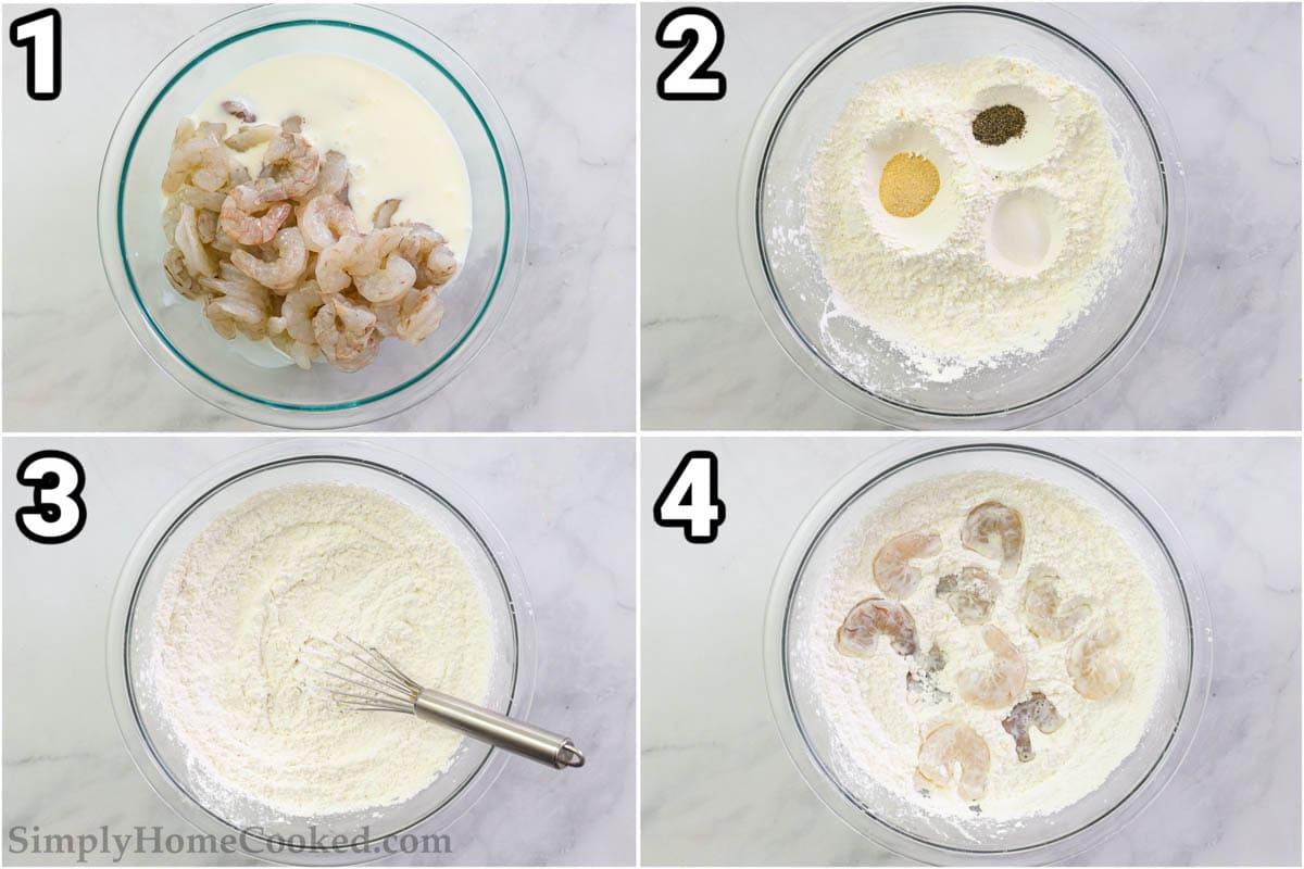 Steps to make Bang Bang Shrimp: Combine the shrimp and buttermilk, then dredge them in a mix of cornstarch, salt, pepper, and garlic powder.