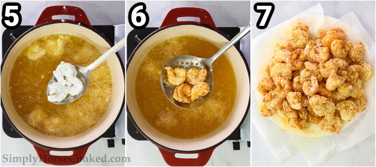 Steps to make Bang Bang Shrimp: heat the fry oil, fry the dredged shrimp in batches, and then use a paper towel to absorb excess oil.
