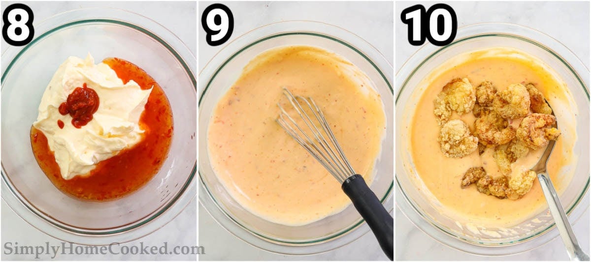 Steps to make Bang Bang Shrimp: make the bang bang sauce by whisking the mayo, chili sauce, and Sriracha together, then dipping the fried shrimp into it.
