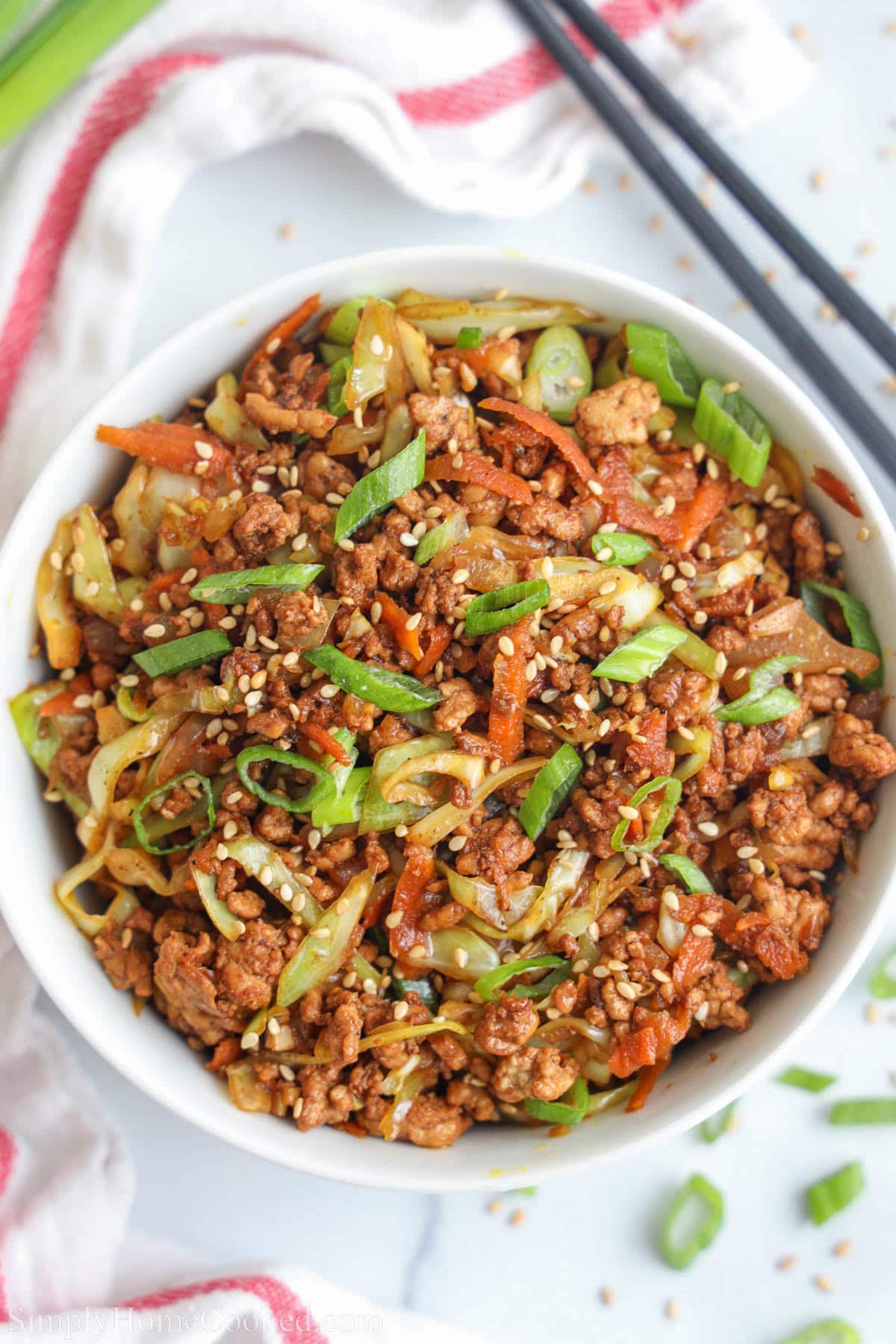 Overhead view of Egg Roll in a Bowl.