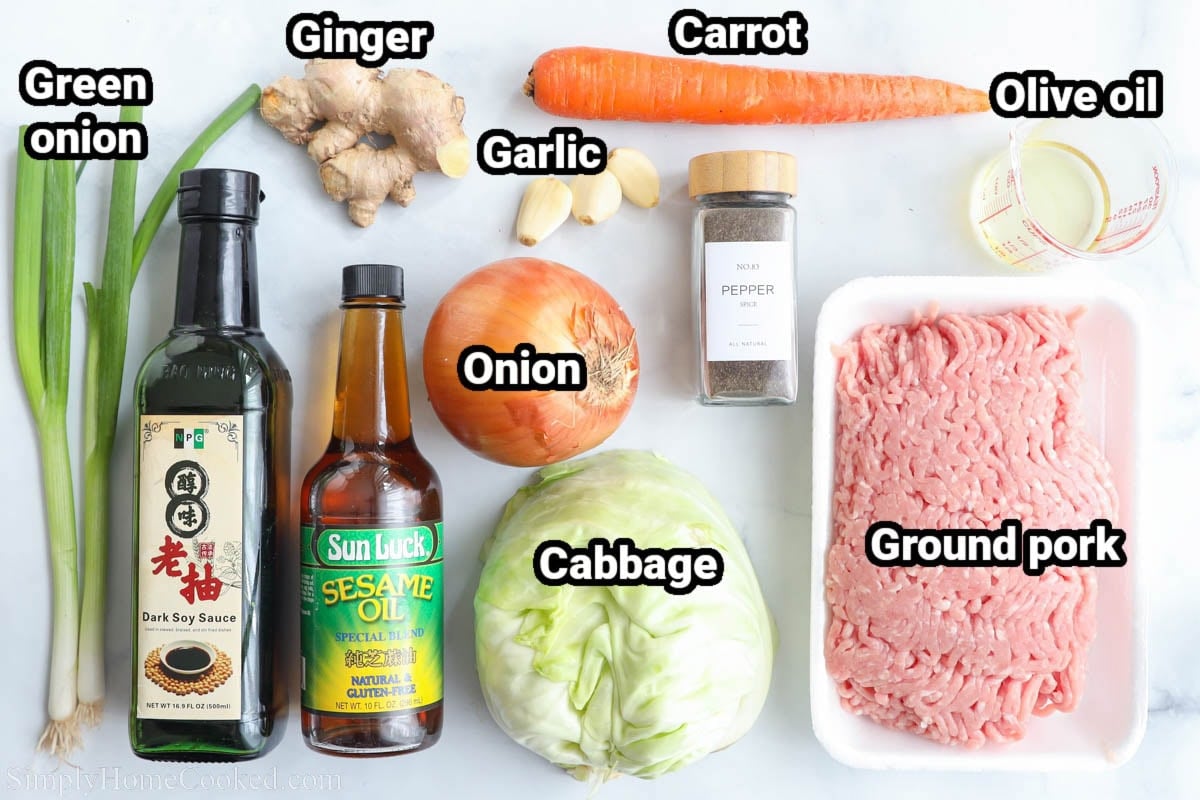 Ingredients for Egg Roll in a Bowl: green onion, ginger, garlic, carrot, olive oil, onion, dark soy sauce, sesame oil, cabbage, and ground pork.