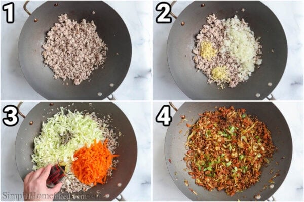 Steps to make Egg Roll in a Bowl: brown the pork, add the garlic, ginger, and onion, mix in the shredded cabbage, carrots, soy sauce, and sesame oil, and combine.