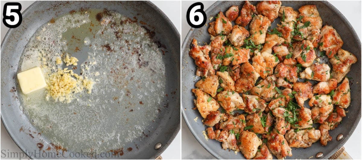 Steps to make Garlic Butter Chicken Bites: add butter and garlic and mix with chicken pieces and add parsley.