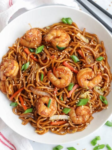 Overview of Shrimp Lo Mein on a plate.