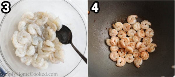 Steps to make Shrimp Lo Mein: season the shrimp with salt and pepper, then cook in the shrimp in a wok.