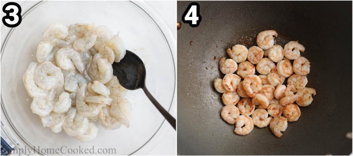 Steps to make Shrimp Lo Mein: season the shrimp with salt and pepper, then cook in the shrimp in a wok.
