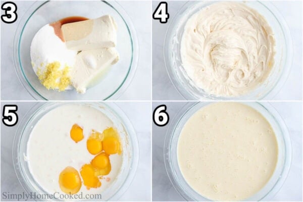 Steps to make a Sweet Croissant Breakfast Casserole: make the custard by mixing together the cream cheese, sugar, vanilla, lemon juice and zest, and salt, then adding the eggs and mixing again.