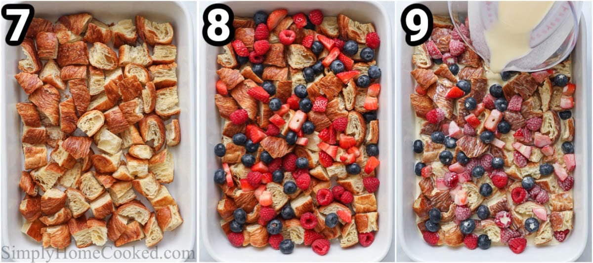 Steps to make a Sweet Croissant Breakfast Casserole: assemble the casserole by layering the croissants, berries, and custard.