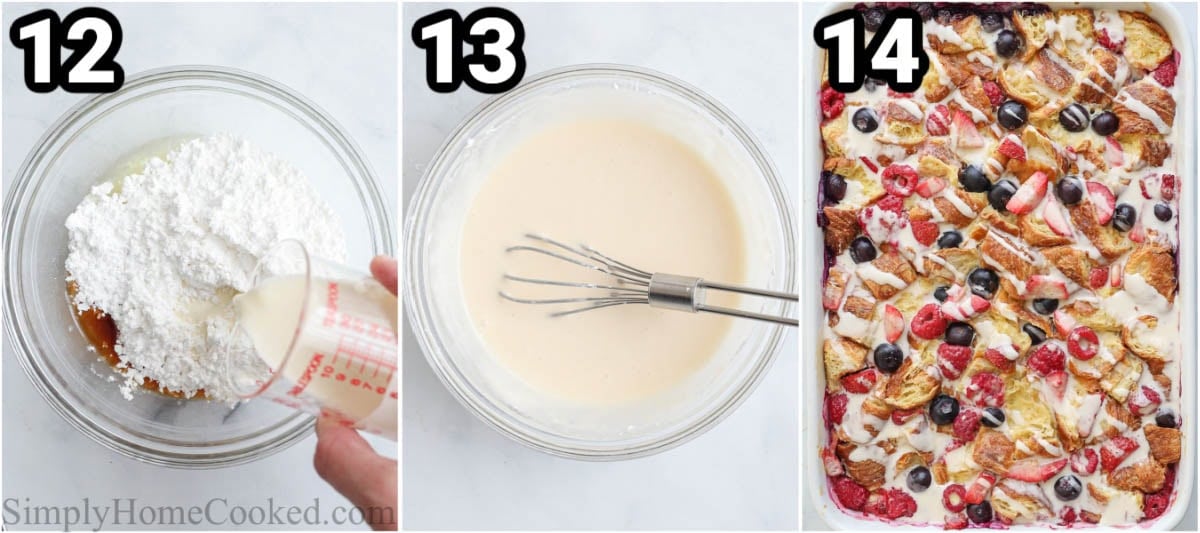 Steps to make a Sweet Croissant Breakfast Casserole: make the lemon glaze by mixing together the powdered sugar, heavy cream, vanilla, and lemon juice, then drizzling it over the casserole.