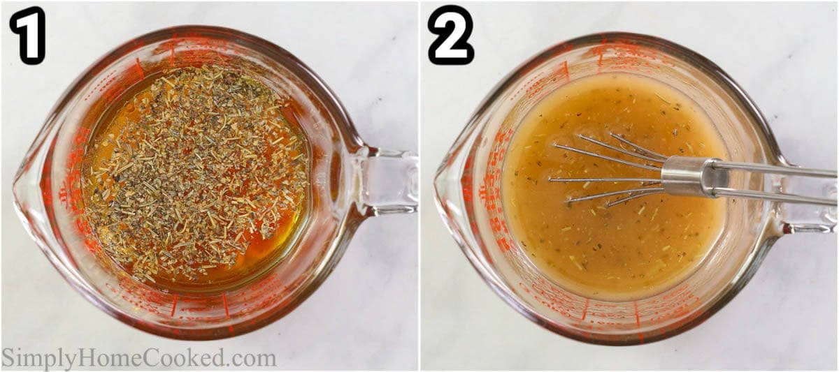 Steps to make a Chopped Italian Salad: whisk the oil, vinegar, honey, Dijon, lemon juice, Italian seasoning, and salt together in a measuring cup.