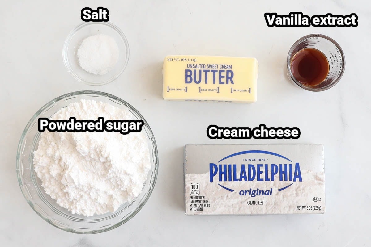 Brown Butter Cream Cheese Frosting ingredients: powdered sugar, butter, salt, vanilla extract, and cream cheese.