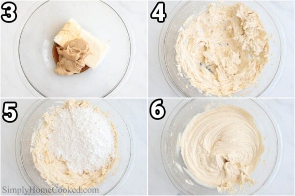 Steps to make Brown Butter Cream Cheese Frosting: Add the butter to the cream cheese, vanilla, and salt, then mix in the powdered sugar.