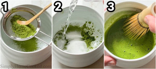 Steps to make Strawberry Matcha: sift the matcha powder, then add warm water and froth with a bamboo whisk.