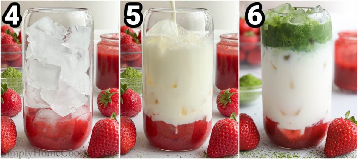 Steps to make Strawberry Matcha: add fruit puree to a glass, then add ice and milk, and top with matcha.