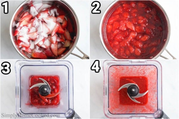 Steps to make Strawberry Puree: cook the strawberries, sugar, and water in a pot, then blend them into a puree.