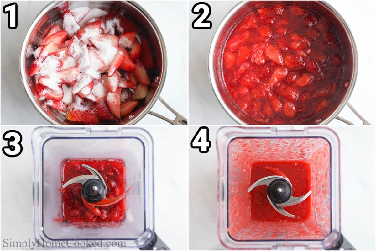 Steps to make Strawberry Puree: cook the strawberries, sugar, and water in a pot, then blend them into a puree.