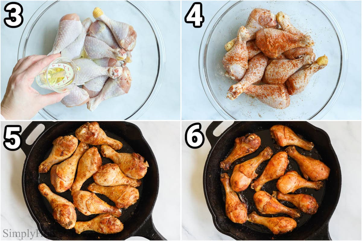 Steps to make Baked Chicken Drumsticks: toss the chicken drumsticks in olive oil and then add the seasoning mix, sear in a cast iron skillet, and finally bake them.