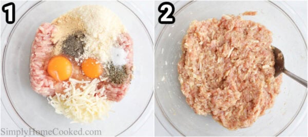 Steps to make Chicken Crust Pizza: Mix together the ground chicken, eggs, parmesan cheese, mozzarella cheese, garlic powder, Italian seasoning, salt, and black pepper.