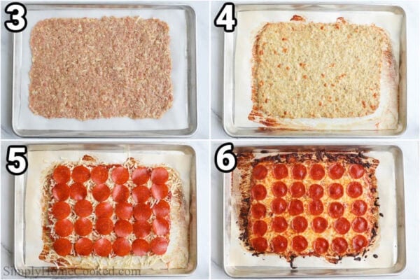 Steps to make Chicken Crust Pizza: spread the dough over the baking sheet, then bake it, add the pepperoni and mozzarella on top, and bake the pizza.