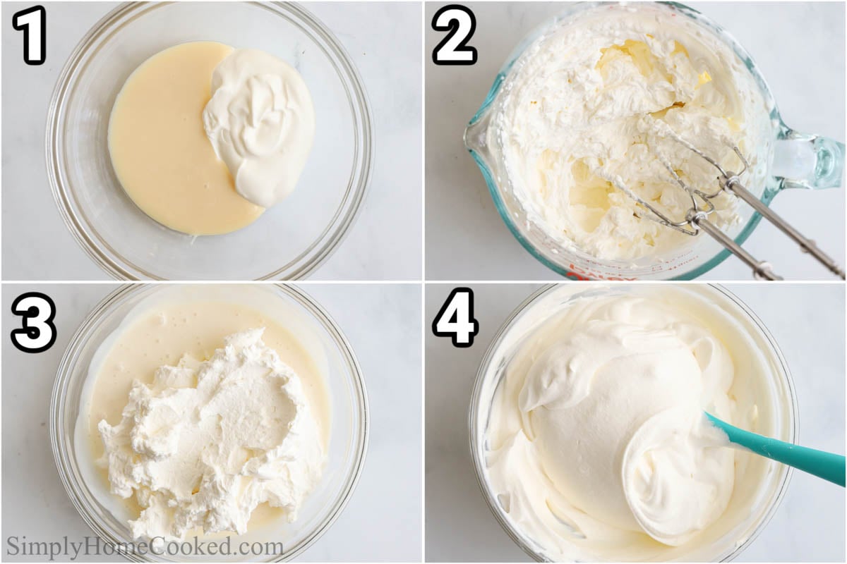 Steps to make Creamy Fruit Salad: mix the condensed milk with the sour cream in a bowl, then whip the heavy cream and fold it in with a spatula.