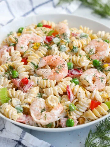 Close up of Shrimp Pasta Salad.