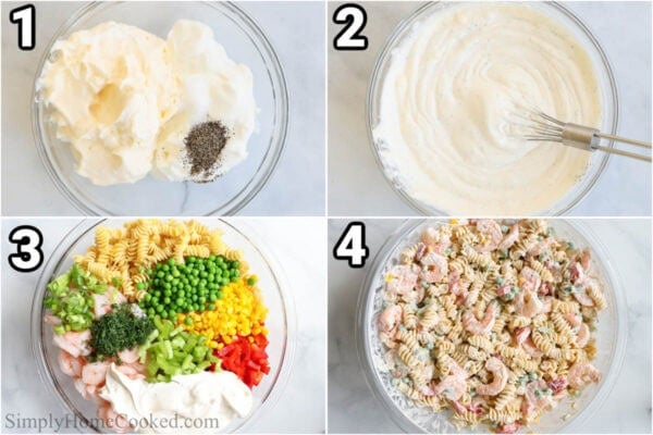Steps to make Shrimp Pasta Salad: combine sour cream, mayo, salt, and pepper with a whisk, then add chopped pepper, green onion, celery, peas, corn, dill, shrimp, and pasta to a bowl, and mix well.