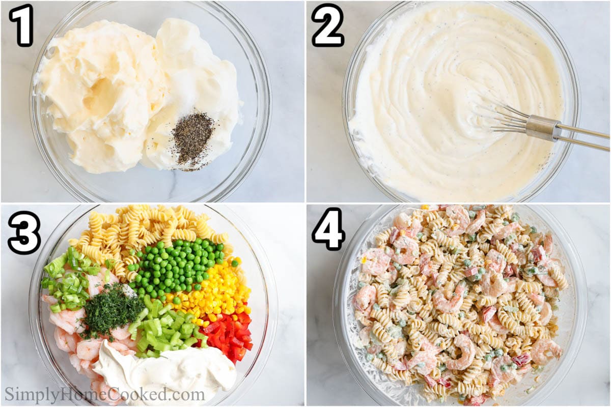Steps to make Shrimp Pasta Salad: combine sour cream, mayo, salt, and pepper with a whisk, then add chopped pepper, green onion, celery, peas, corn, dill, shrimp, and pasta to a bowl, and mix well.