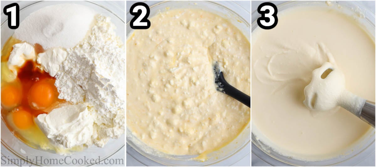 Steps to make Zapekanka (Farmer's Cheese Cake): mix the farmer's cheese, sugar, sour cream, yogurt, cornstarch, eggs, vanilla, and salt and then blend with an immersion blender.