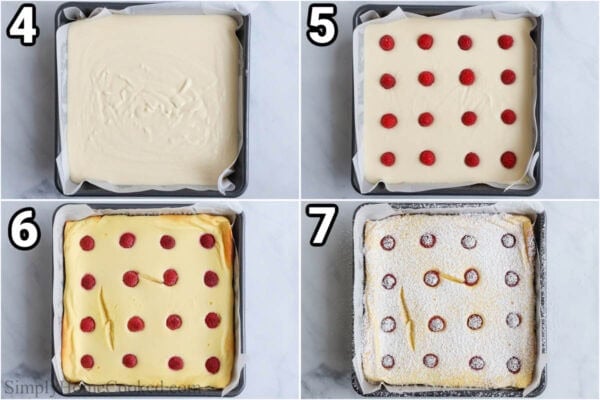 Steps to make Zapekanka (Farmer's Cheese Cake): pour the batter into a parchment paper-lined pan, top with raspberries, and bake, then top with powdered sugar when cool.
